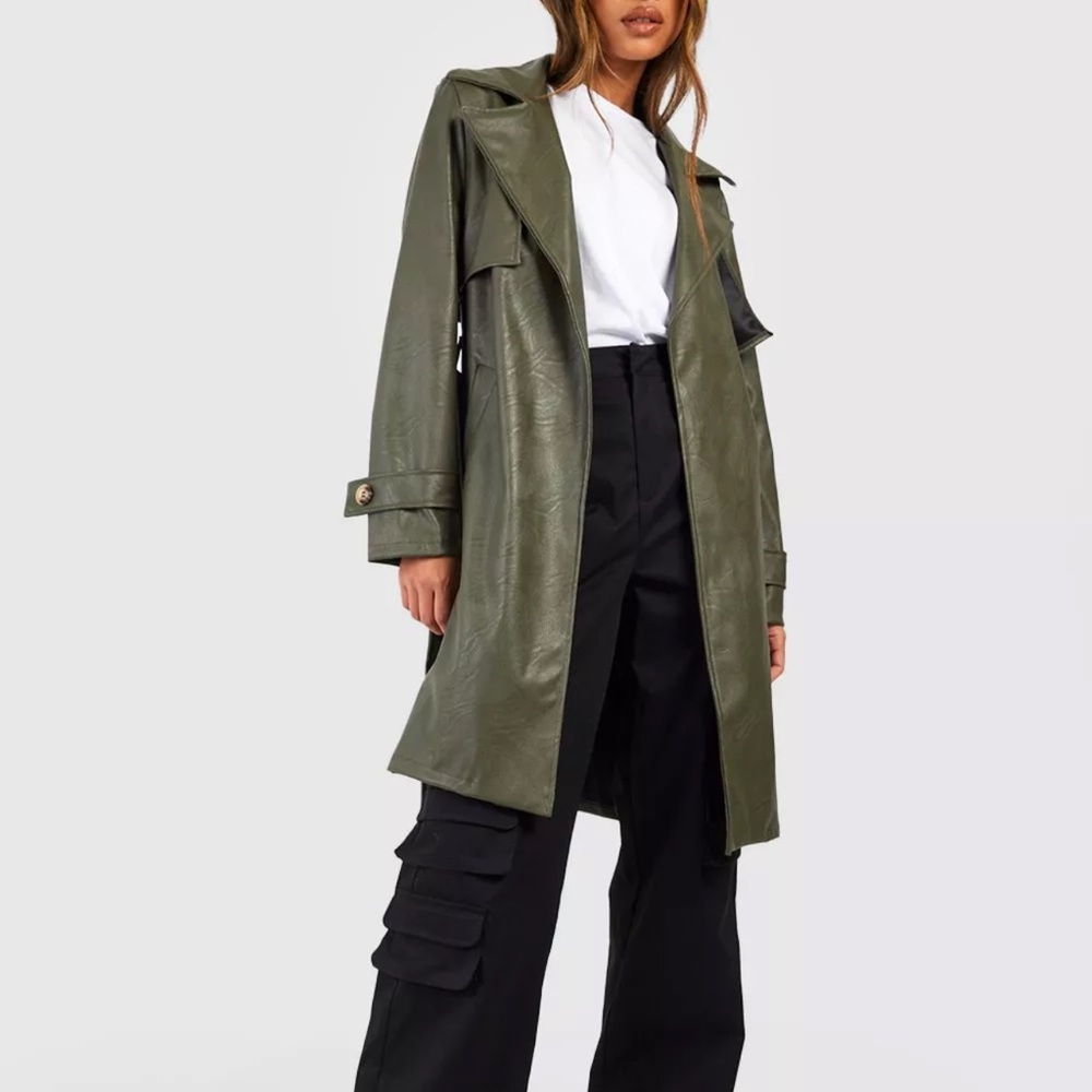 NWT Boohoo Belted Faux Leather Trench Coat